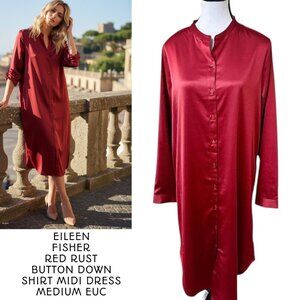 EILEEN FISHER RED RUST BUTTON DOWN SHIRT MIDI DRESS MEDIUM EUC